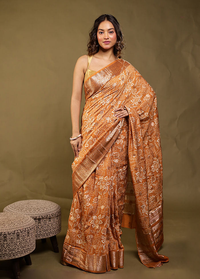 Rust Chanderi Silk Saree With Blouse Piece