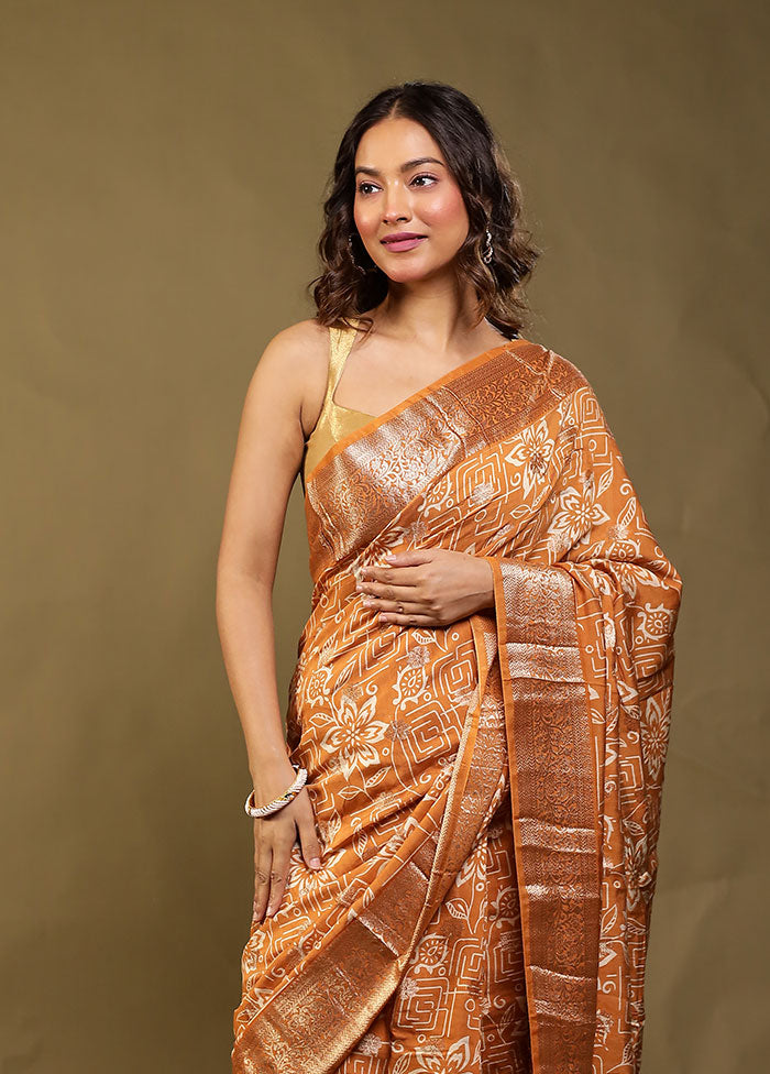 Rust Chanderi Silk Saree With Blouse Piece