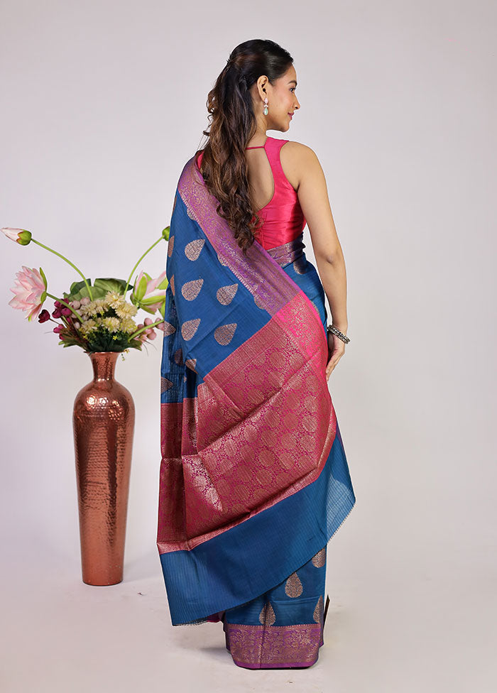 Blue Cotton Saree With Blouse Piece