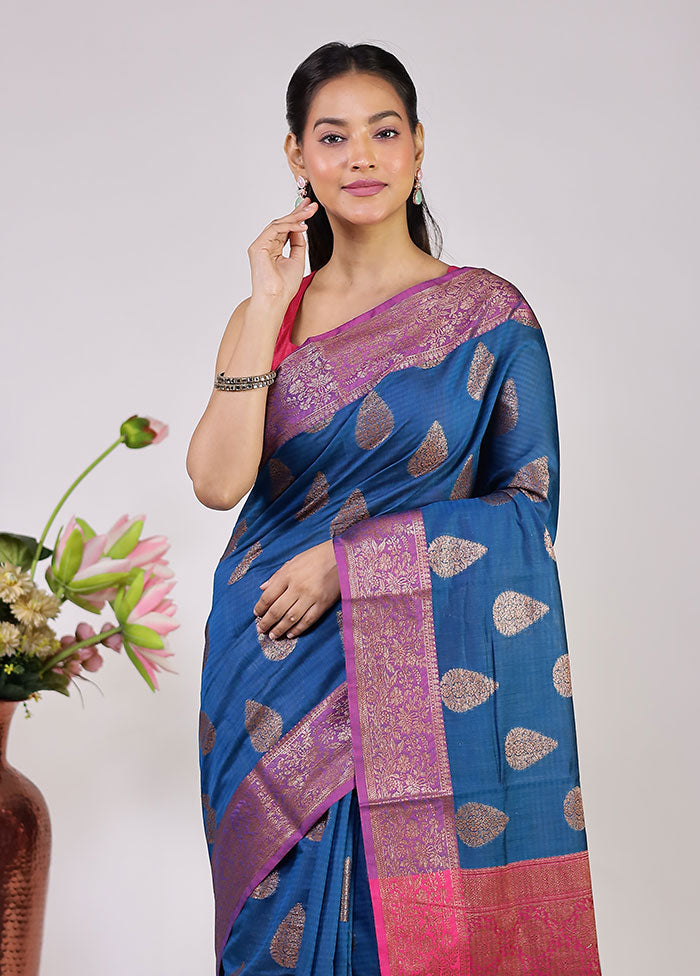 Blue Cotton Saree With Blouse Piece