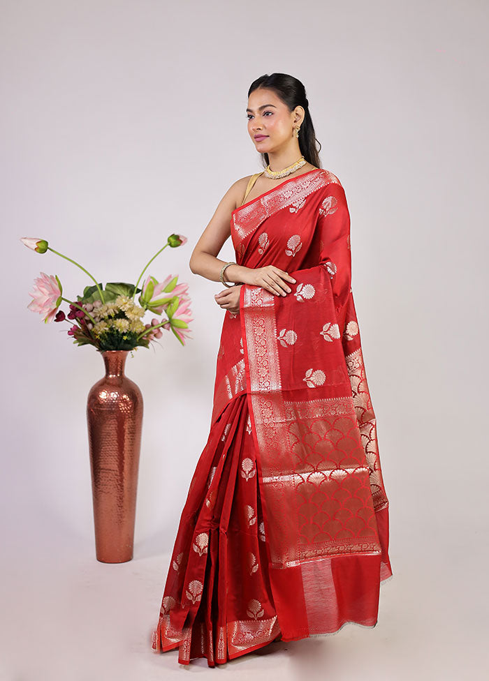Red Cotton Saree With Blouse Piece