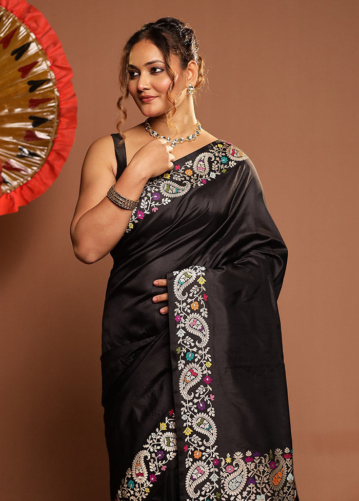 Black Handloom Katan Pure Silk Saree With Blouse Piece
