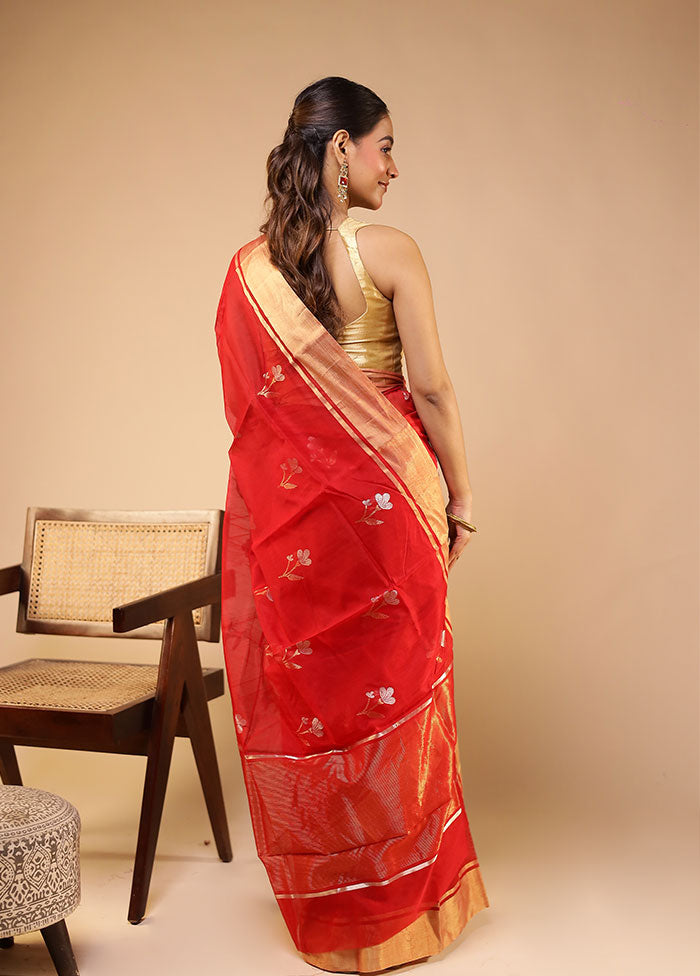 Red Handloom Chanderi Pure Silk Saree With Blouse Piece