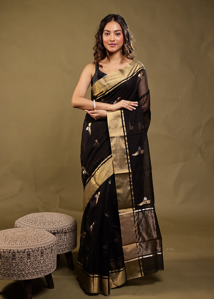 Black Handloom Chanderi Pure Silk Saree With Blouse Piece