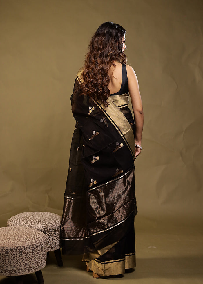 Black Handloom Chanderi Pure Silk Saree With Blouse Piece
