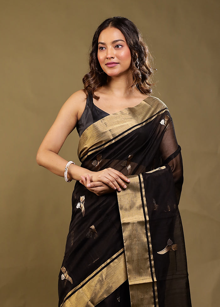 Black Handloom Chanderi Pure Silk Saree With Blouse Piece