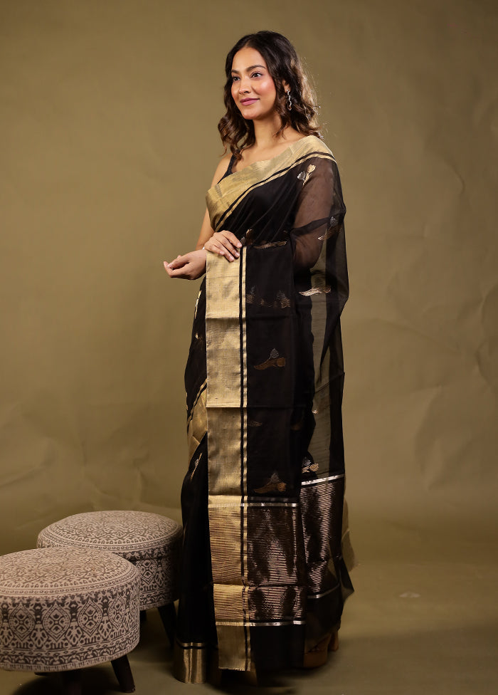 Black Handloom Chanderi Pure Silk Saree With Blouse Piece