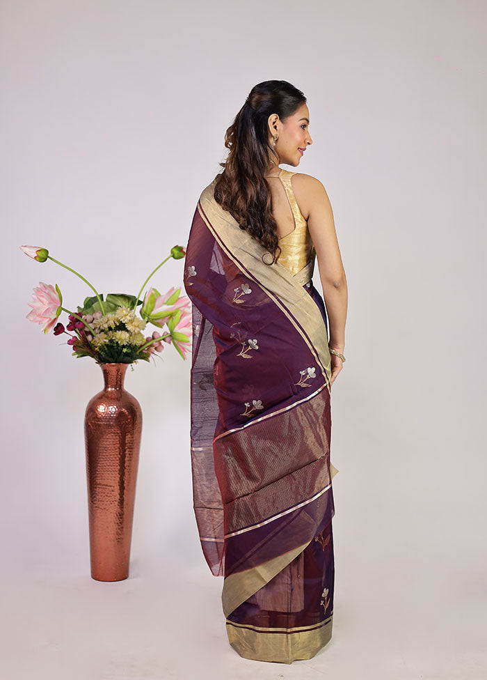 Purple Handloom Chanderi Pure Silk Saree With Blouse Piece