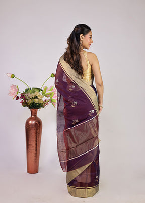 Purple Handloom Chanderi Pure Silk Saree With Blouse Piece