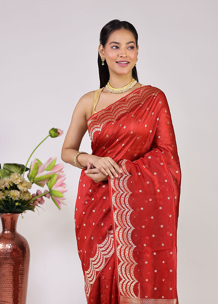 Red Dupion Silk Saree With Blouse Piece