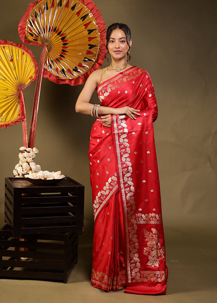 Red Banarasi Silk Saree With Blouse Piece