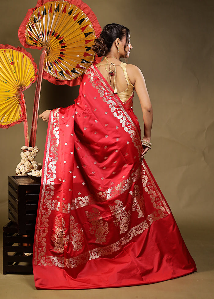 Red Banarasi Silk Saree With Blouse Piece