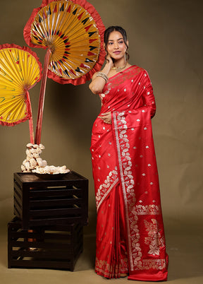 Red Banarasi Silk Saree With Blouse Piece
