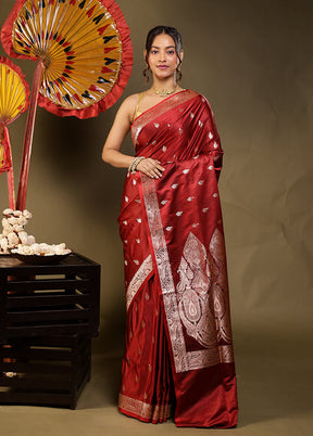 Red Banarasi Silk Saree With Blouse Piece