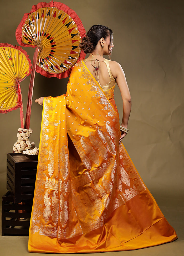 Yellow Banarasi Silk Saree With Blouse Piece