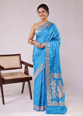 Blue Banarasi Silk Saree With Blouse Piece