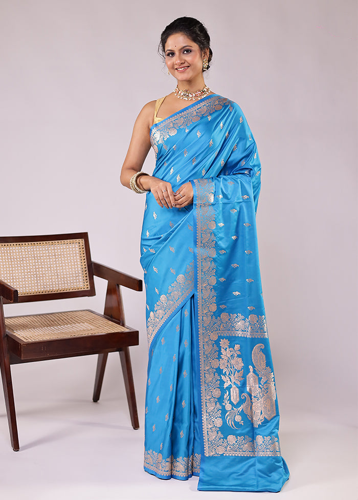 Blue Banarasi Silk Saree With Blouse Piece