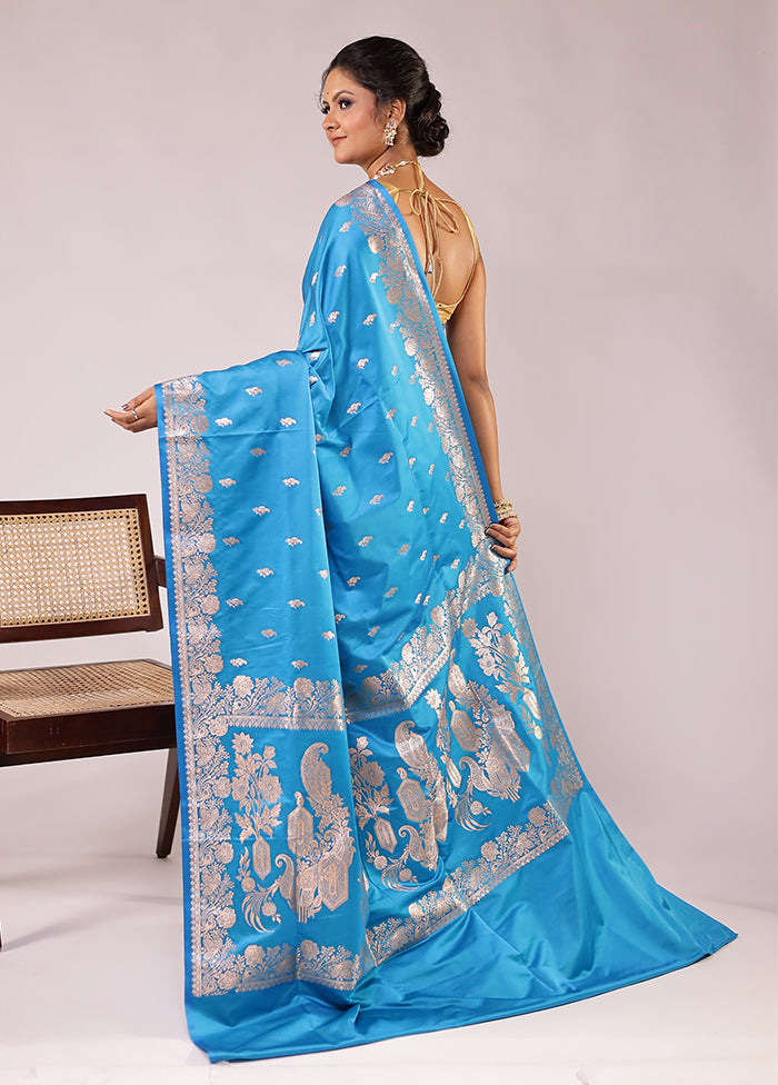 Blue Banarasi Silk Saree With Blouse Piece