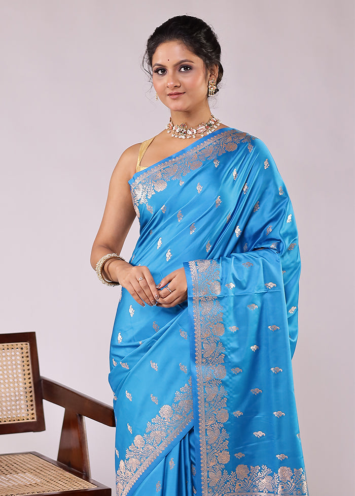 Blue Banarasi Silk Saree With Blouse Piece