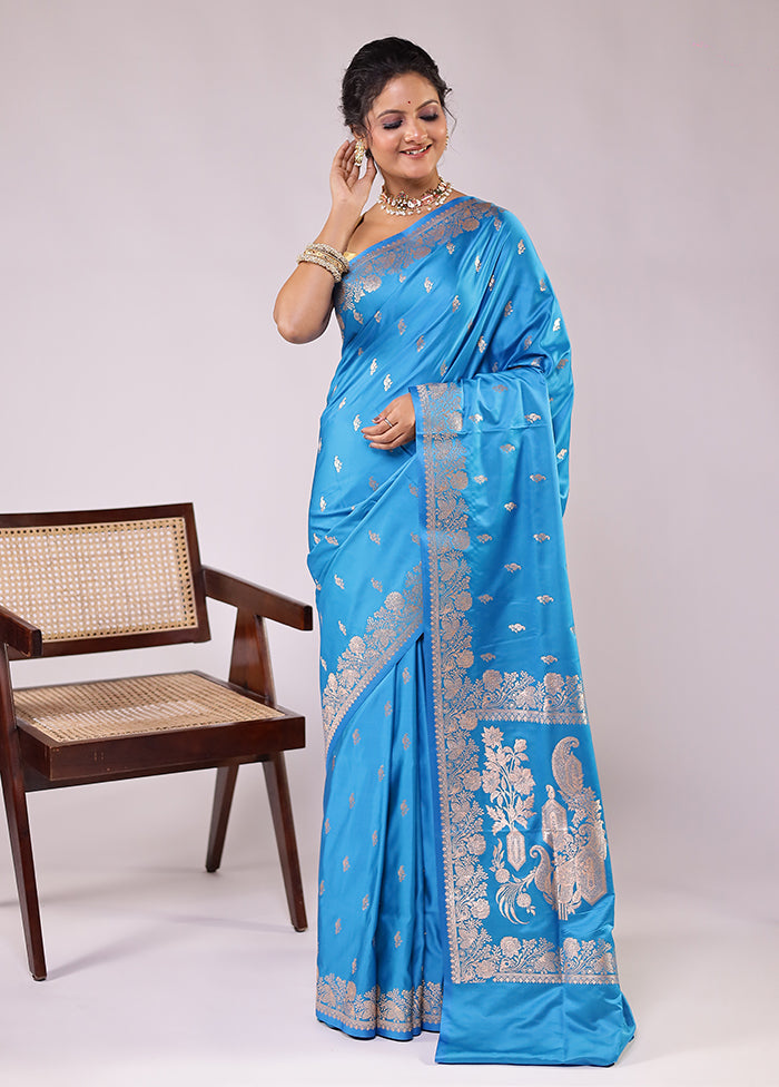 Blue Banarasi Silk Saree With Blouse Piece