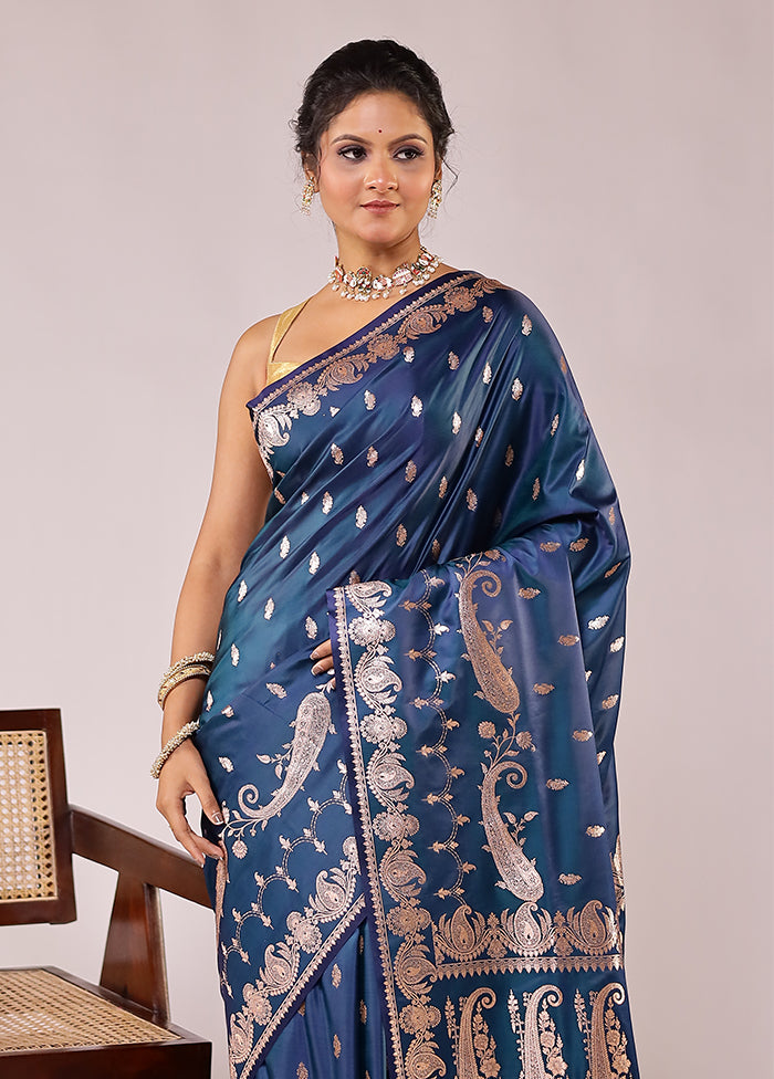 Blue Banarasi Silk Saree With Blouse Piece