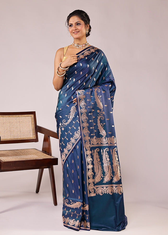 Blue Banarasi Silk Saree With Blouse Piece