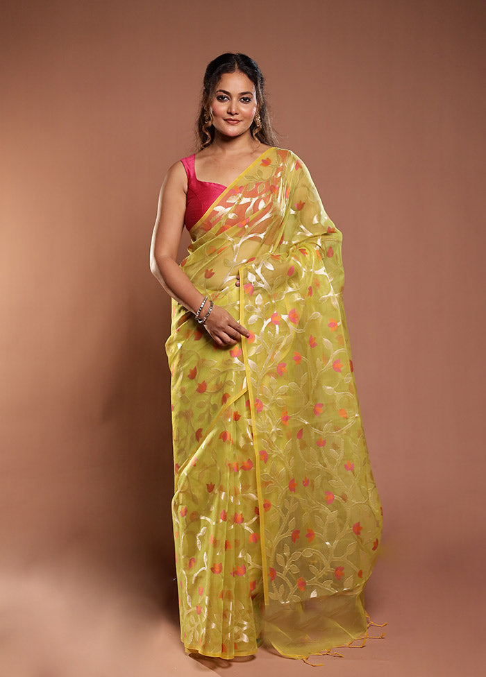 Peacock Haze Duo – Yellow Organza & Green Dupion Silk Sarees