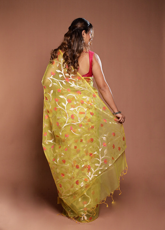 Peacock Haze Duo – Yellow Organza & Green Dupion Silk Sarees
