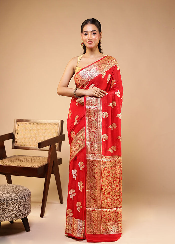 Red Handloom Pure Georgette Saree With Blouse Piece