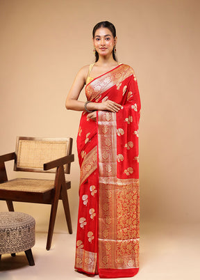 Red Handloom Pure Georgette Saree With Blouse Piece