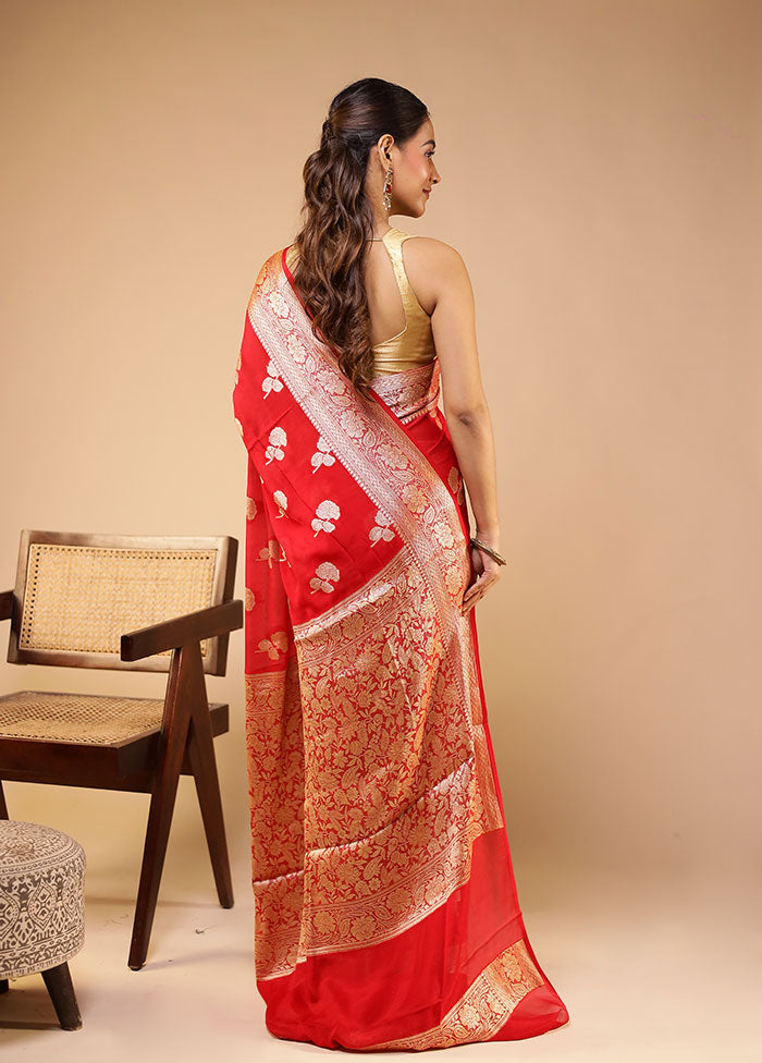 Red Handloom Pure Georgette Saree With Blouse Piece