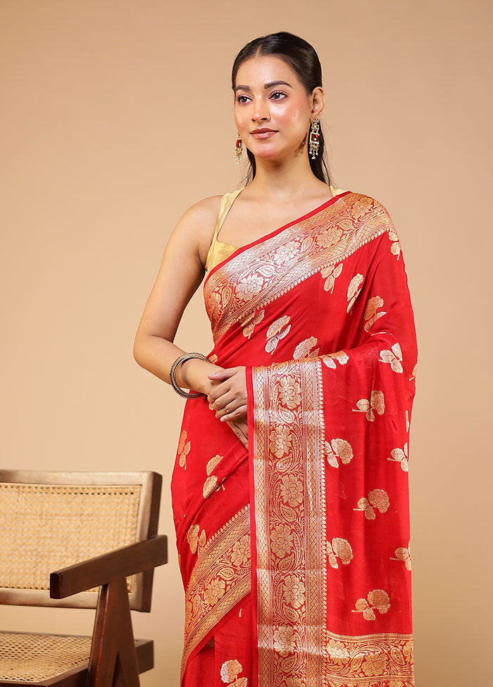 Red Handloom Pure Georgette Saree With Blouse Piece