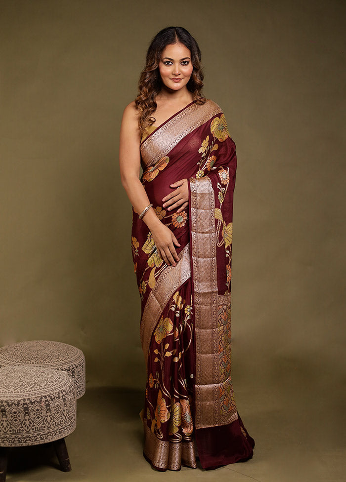 Brown Handloom Pure Georgette Saree With Blouse Piece