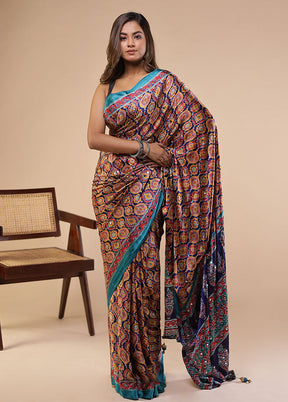 Brown Printed Silk Saree With Blouse Piece
