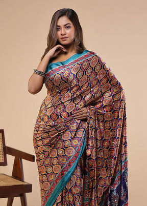 Brown Printed Silk Saree With Blouse Piece