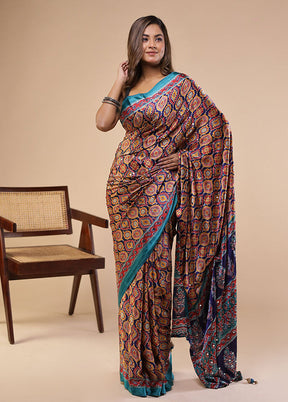 Brown Printed Silk Saree With Blouse Piece