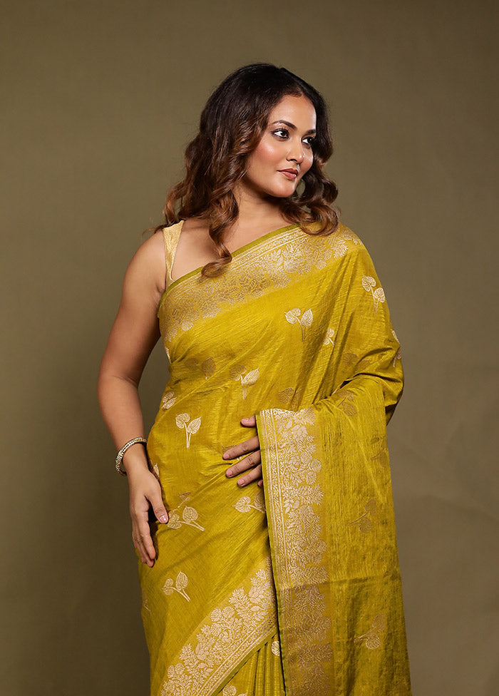 Yellow Dupion Silk Saree With Blouse Piece