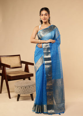 Blue Organza Saree With Blouse Piece