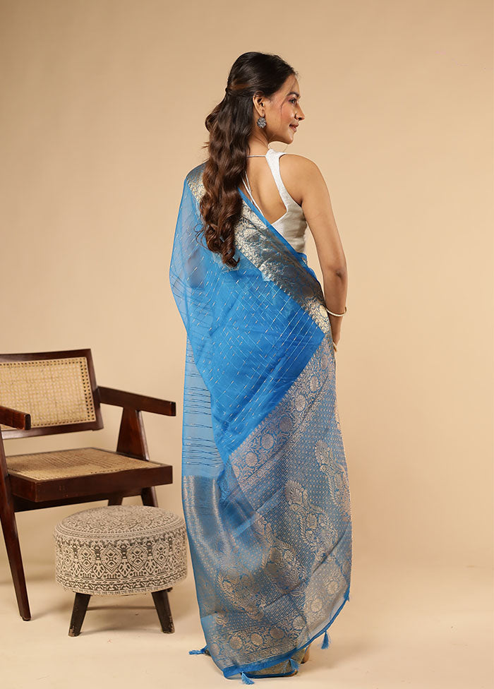 Blue Organza Saree With Blouse Piece