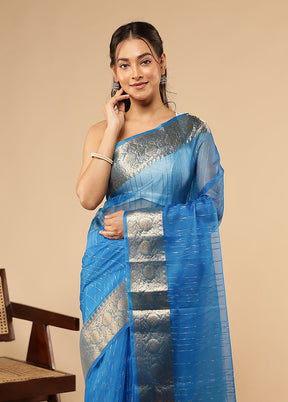 Blue Organza Saree With Blouse Piece