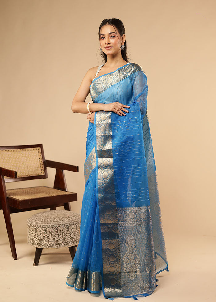 Blue Organza Saree With Blouse Piece