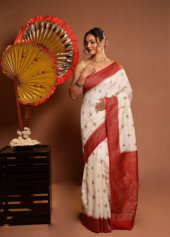 White Dupion Silk Saree With Blouse Piece