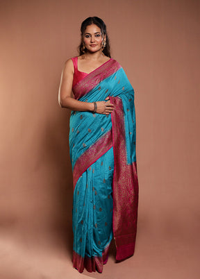 Blue Dupion Silk Saree With Blouse Piece