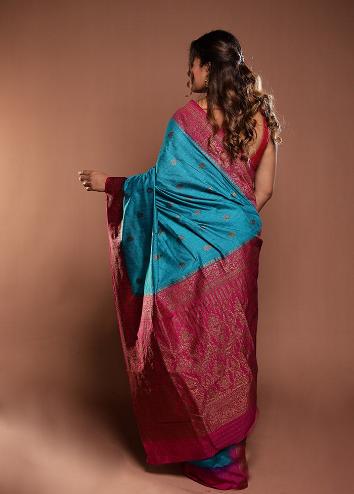 Blue Dupion Silk Saree With Blouse Piece