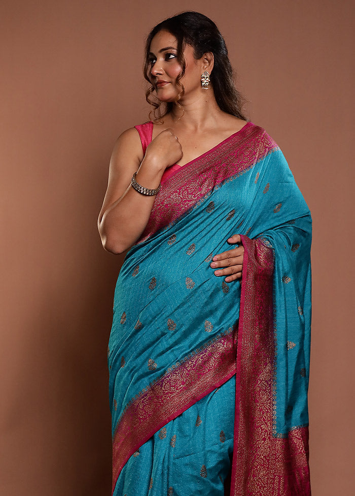 Blue Dupion Silk Saree With Blouse Piece