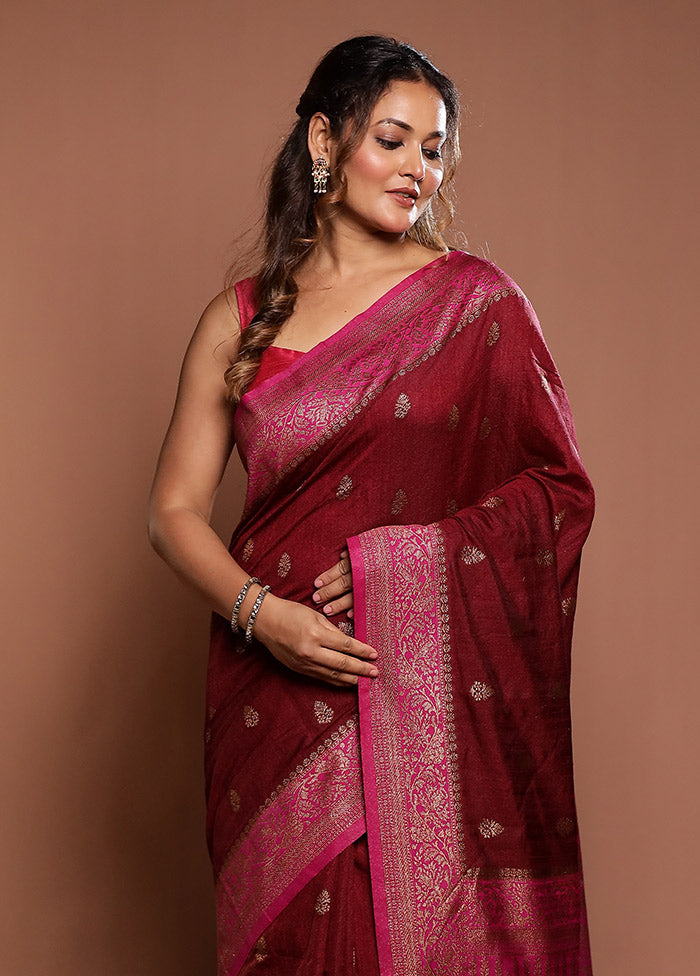 Maroon Dupion Silk Saree With Blouse Piece