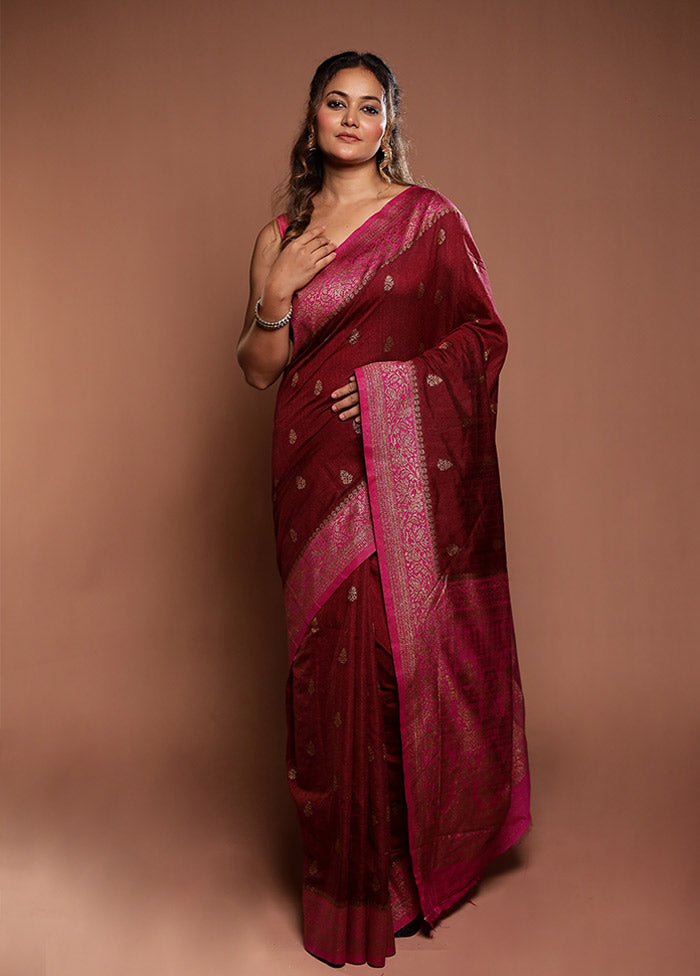 Maroon Dupion Silk Saree With Blouse Piece