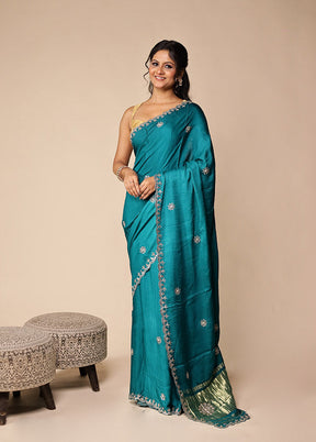 Blue Printed Pure Silk Saree With Blouse Piece