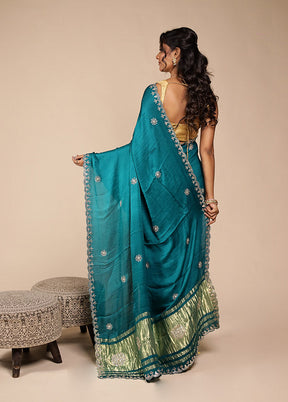 Blue Printed Pure Silk Saree With Blouse Piece