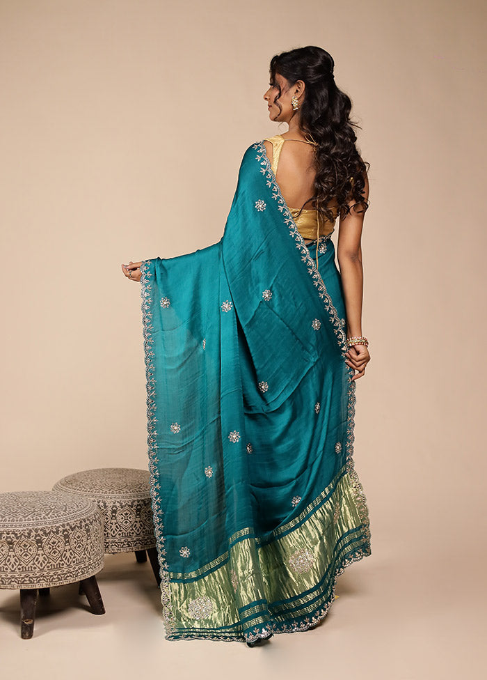 Blue Printed Pure Silk Saree With Blouse Piece